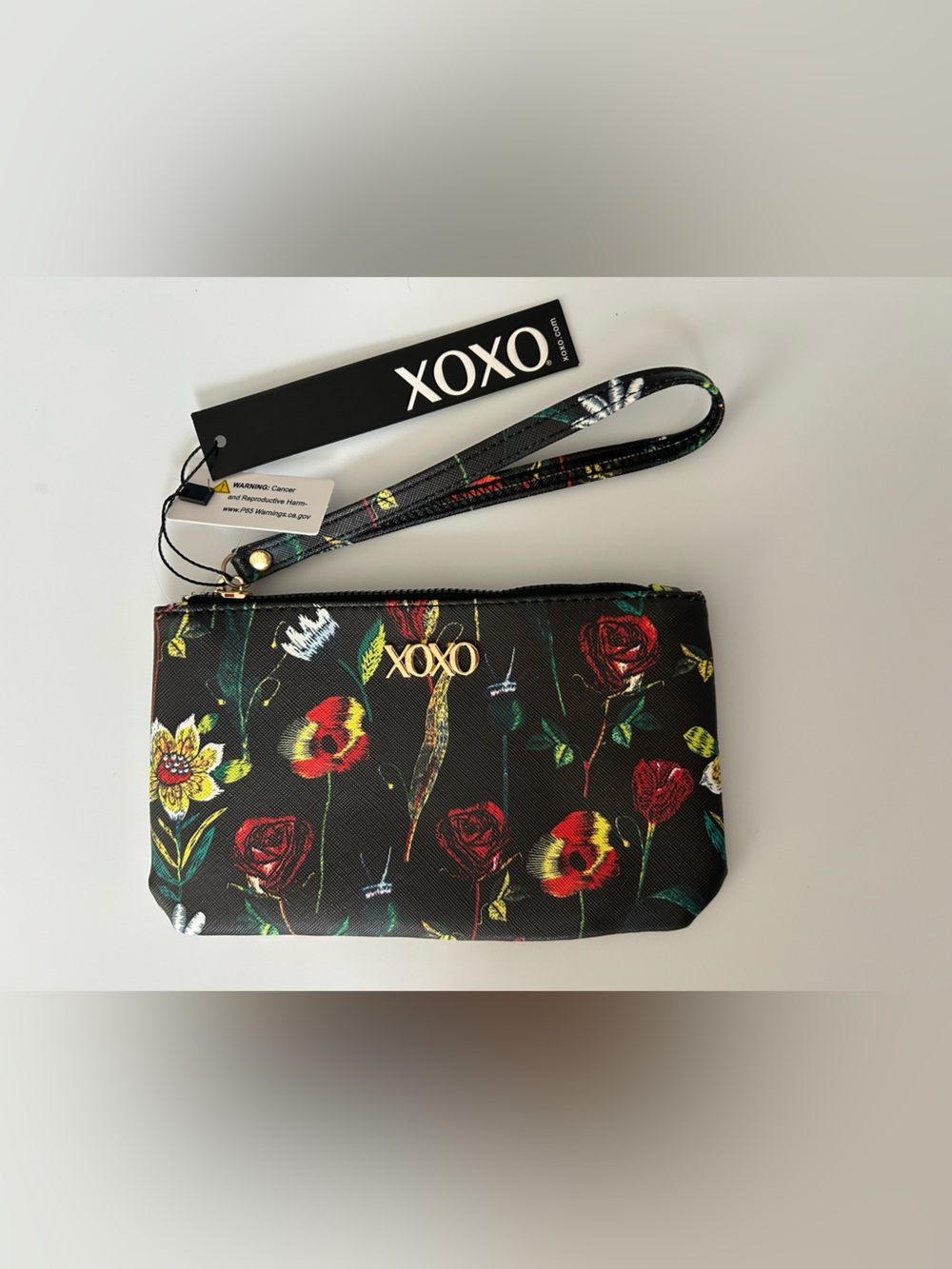 XOXO Black Floral Print Wristlet Zip Pouch Wallet Small Handbag